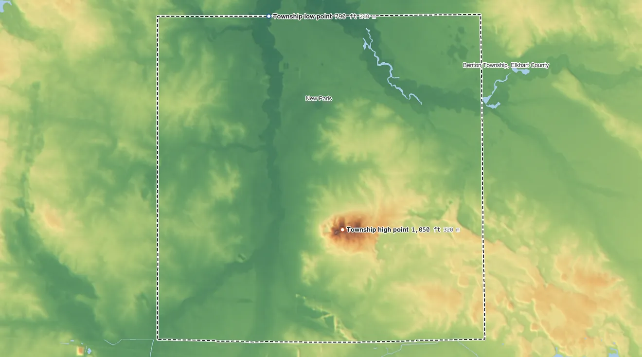 Topographic elevation map of Jackson Township, Elkhart County, Indiana, shaded from 790 ft on the northwest side to 1,050 ft on Buzzard Hill