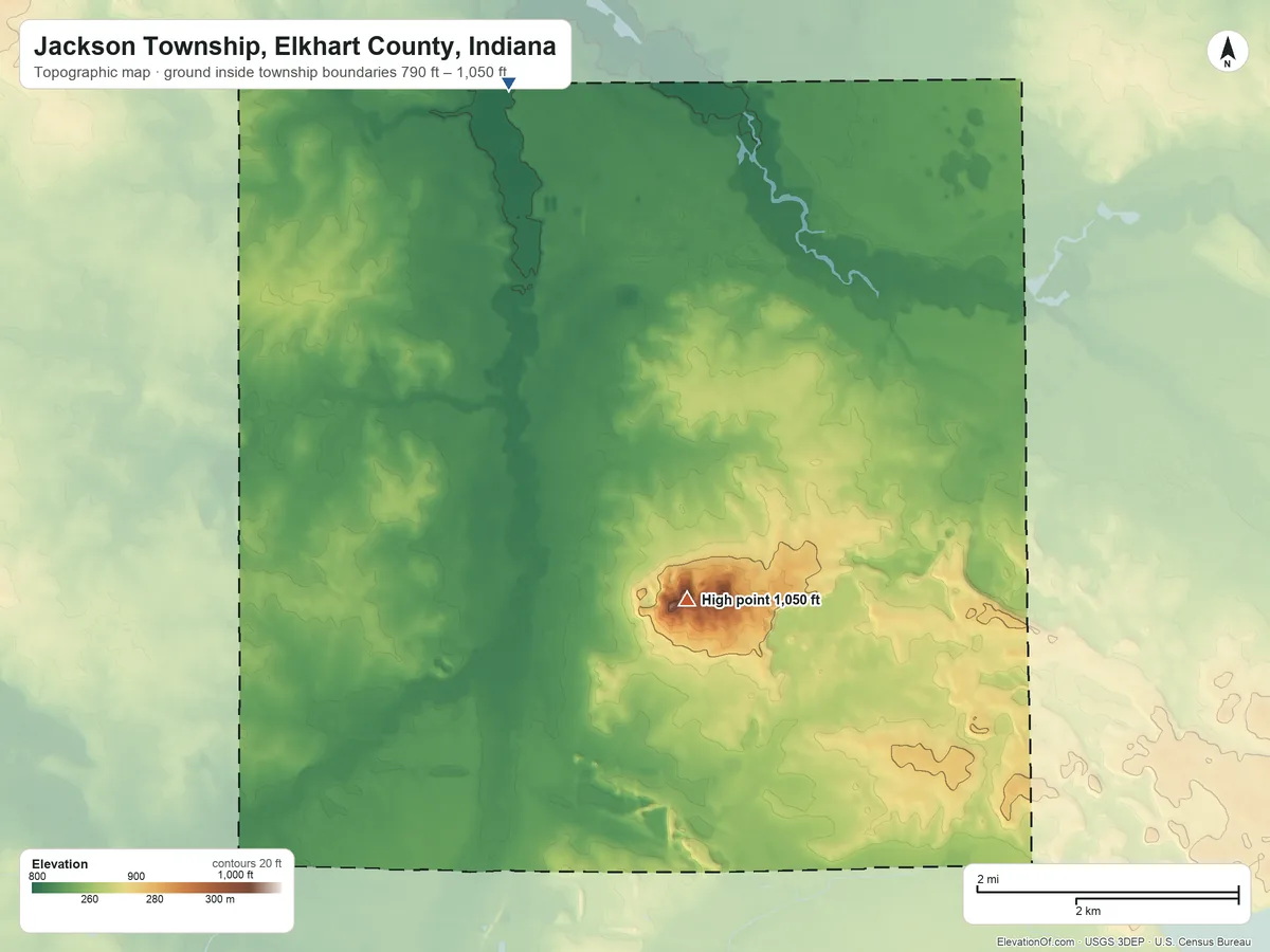 Topographic elevation map of Jackson Township, Elkhart County, Indiana, shaded from 790 ft on the northwest side to 1,050 ft on Buzzard Hill