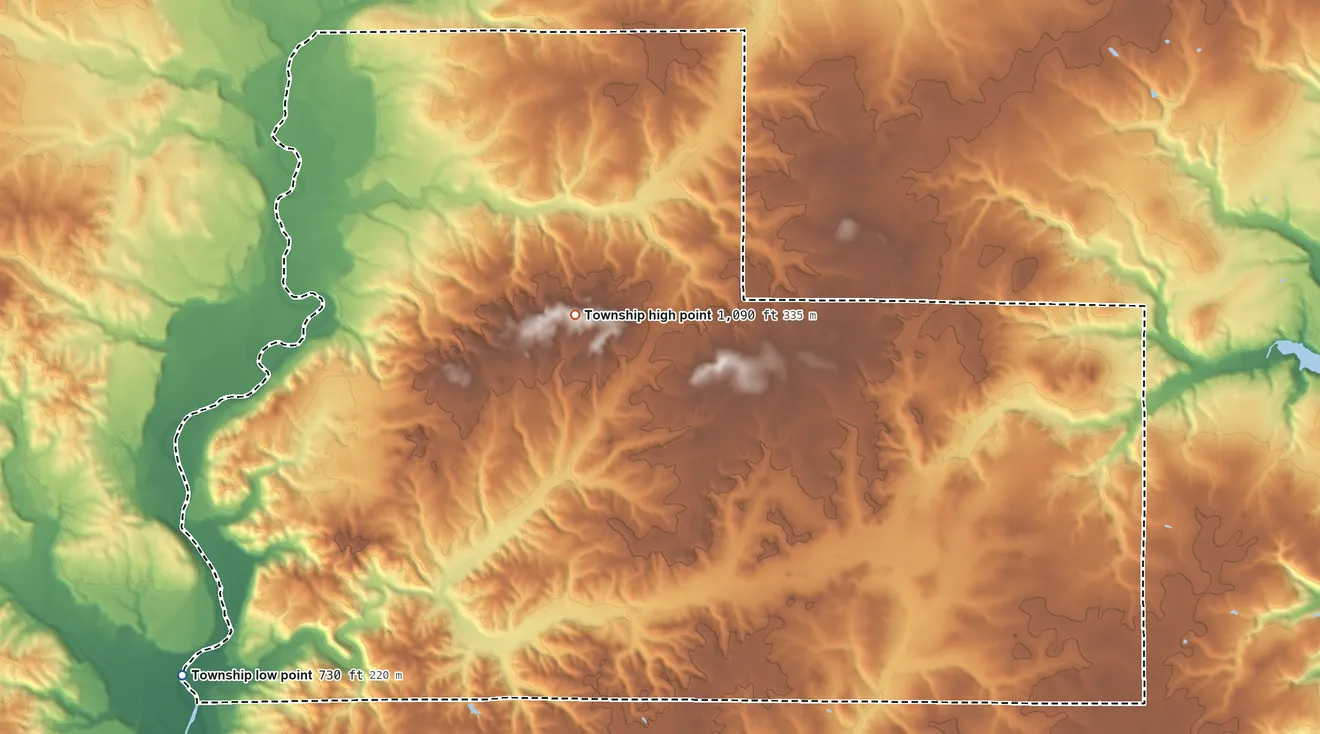 Topographic elevation map of Jackson Township, Fayette County, Indiana, shaded from 730 ft on the southwest side to 1,090 ft near the middle