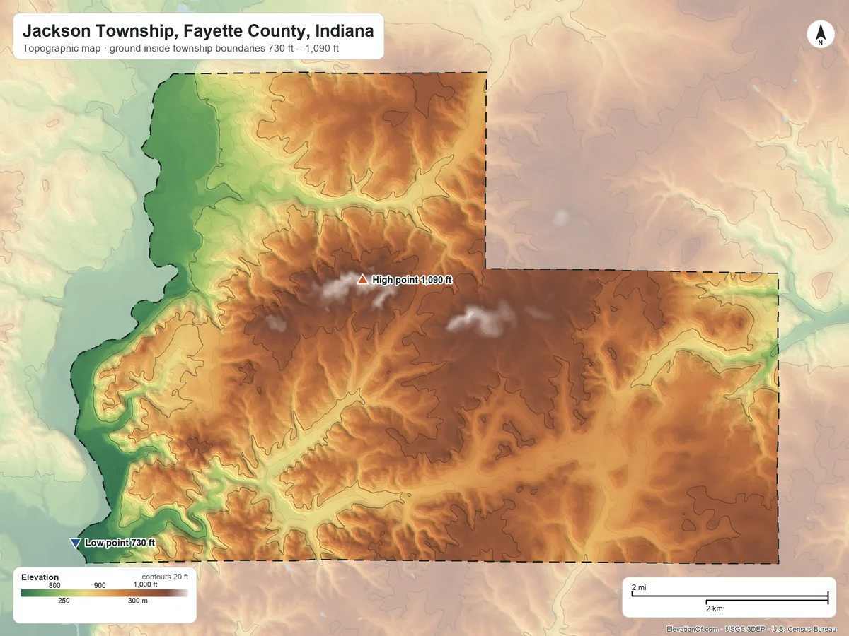 Topographic elevation map of Jackson Township, Fayette County, Indiana, shaded from 730 ft on the southwest side to 1,090 ft near the middle