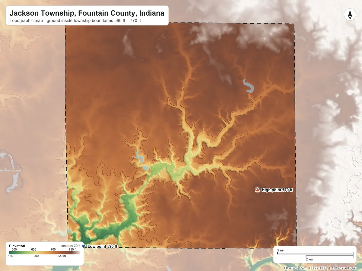 Topographic elevation map of Jackson Township, Fountain County, Indiana, shaded from 590 ft on the southwest side to 770 ft on the southeast side
