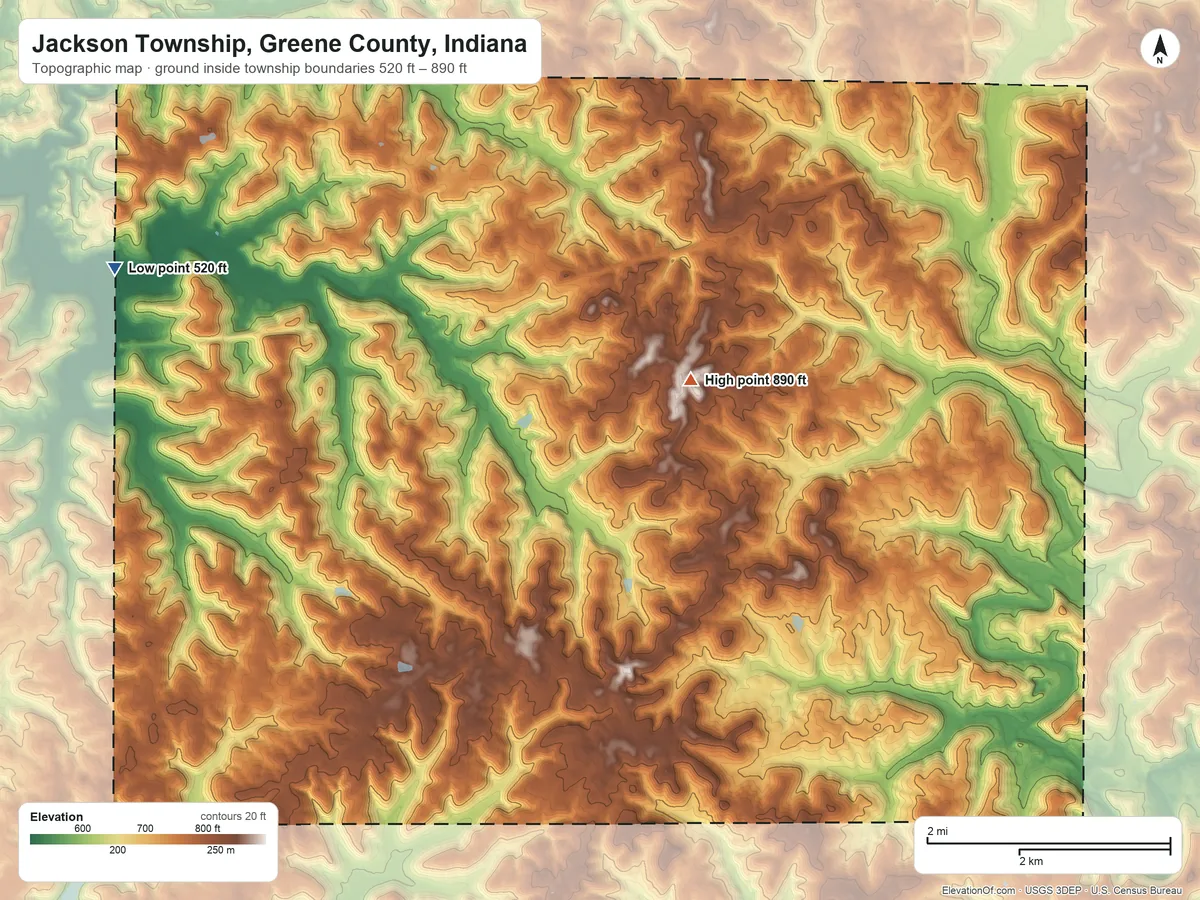 Topographic elevation map of Jackson Township, Greene County, Indiana, shaded from 520 ft on the west side to 890 ft near the middle