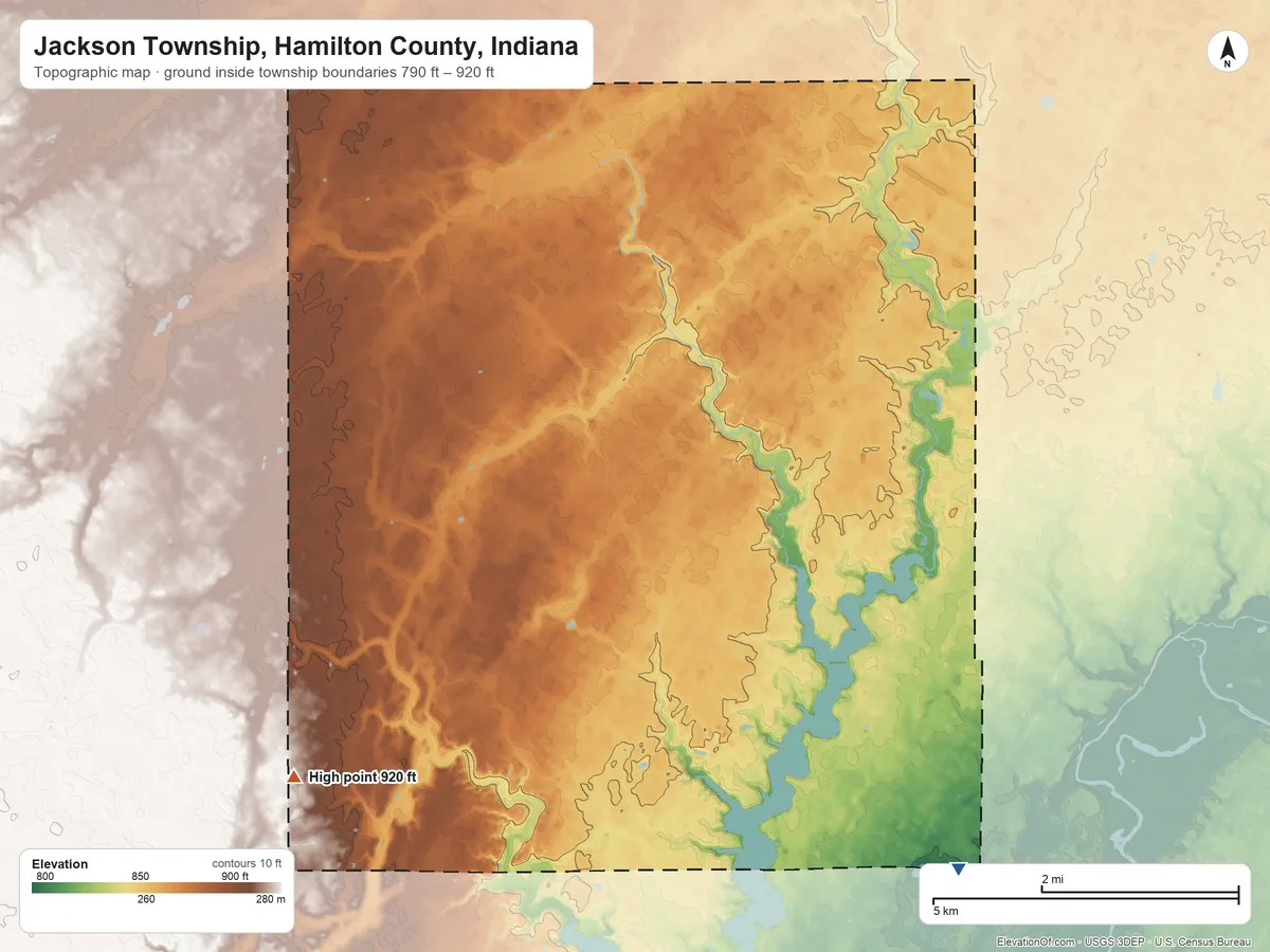 Topographic elevation map of Jackson Township, Hamilton County, Indiana, shaded from 790 ft on the southeast side to 920 ft on the west side