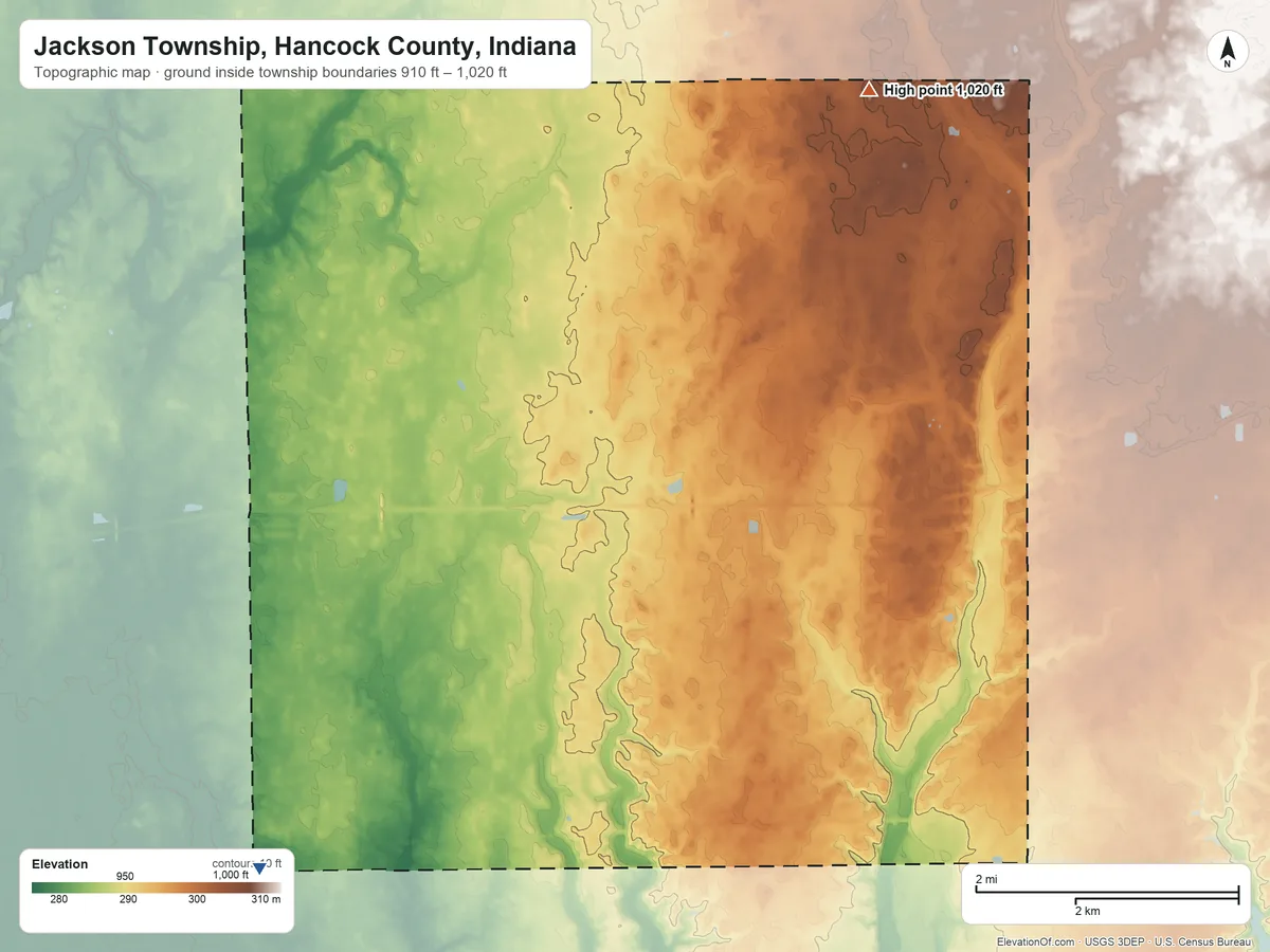 Topographic elevation map of Jackson Township, Hancock County, Indiana, shaded from 910 ft on the southwest side to 1,020 ft on the north side