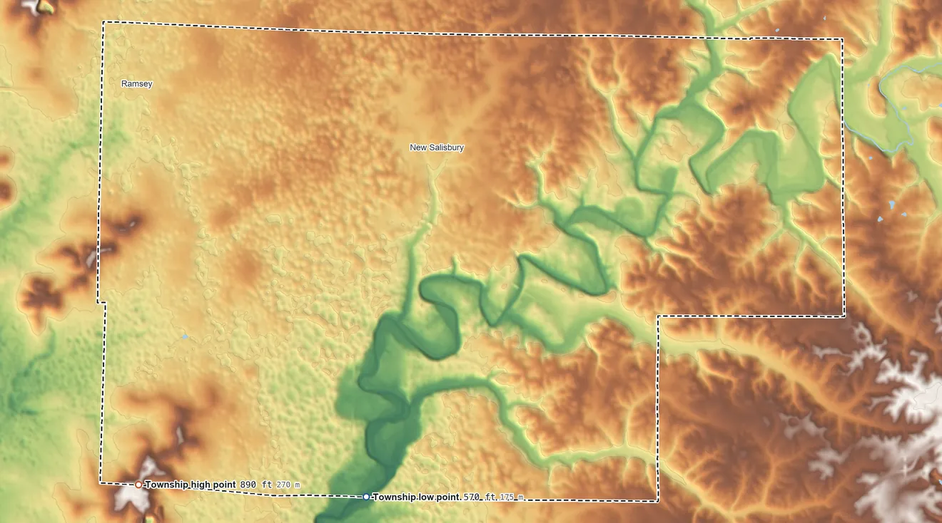 Topographic elevation map of Jackson Township, Harrison County, Indiana, shaded from 570 ft on the south side to 890 ft on the southwest side