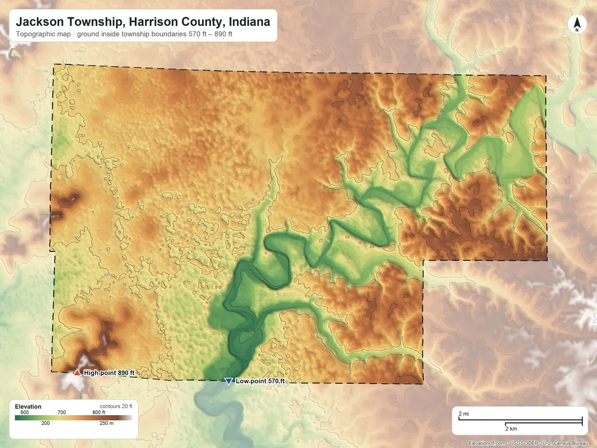 Topographic elevation map of Jackson Township, Harrison County, Indiana, shaded from 570 ft on the south side to 890 ft on the southwest side