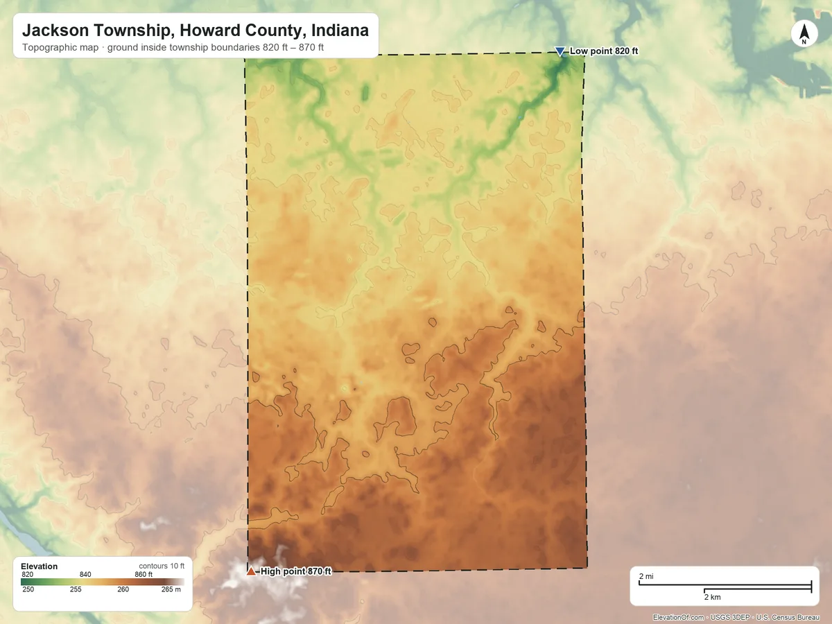 Topographic elevation map of Jackson Township, Howard County, Indiana, shaded from 820 ft on the northeast side to 870 ft on the southwest side
