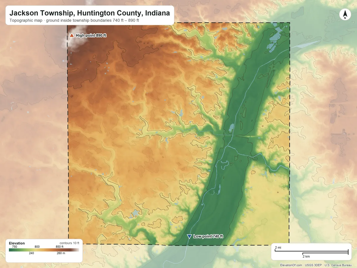 Topographic elevation map of Jackson Township, Huntington County, Indiana, shaded from 740 ft on the south side to 890 ft on the northwest side