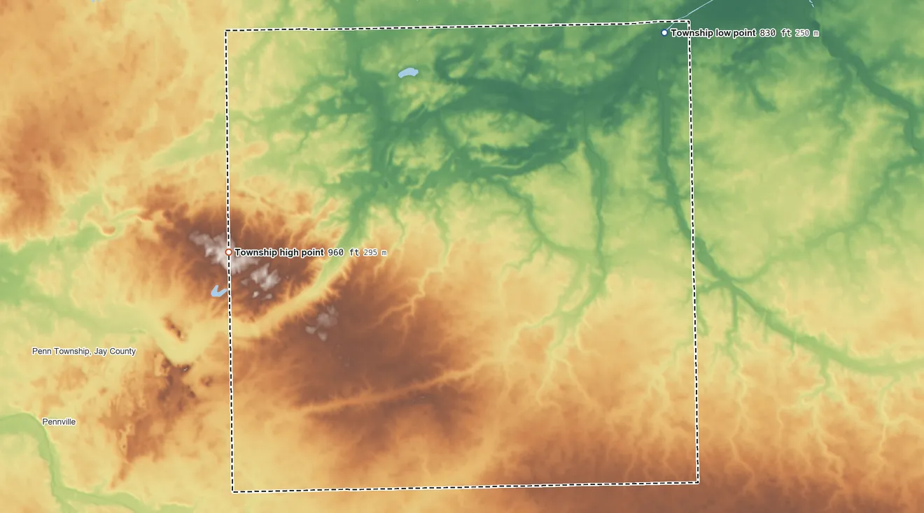 Topographic elevation map of Jackson Township, Jay County, Indiana, shaded from 830 ft on the northeast side to 960 ft on the west side
