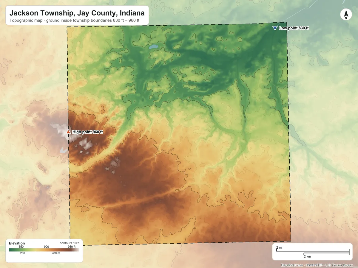 Topographic elevation map of Jackson Township, Jay County, Indiana, shaded from 830 ft on the northeast side to 960 ft on the west side