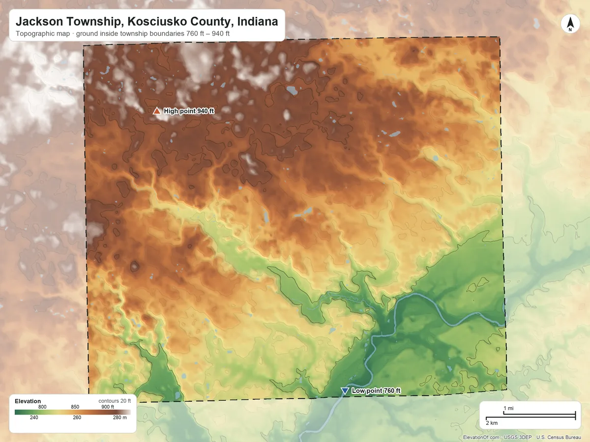 Topographic elevation map of Jackson Township, Kosciusko County, Indiana, shaded from 760 ft on the south side to 940 ft on the northwest side
