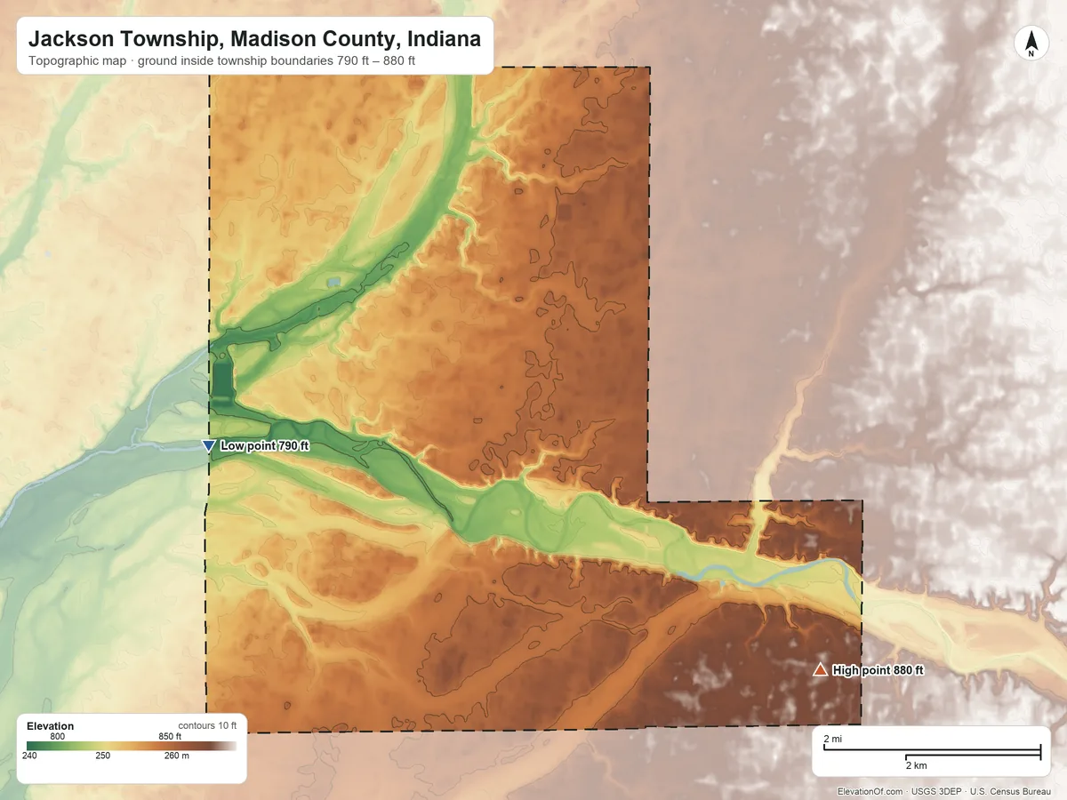 Topographic elevation map of Jackson Township, Madison County, Indiana, shaded from 790 ft on the northwest side to 880 ft on the east side