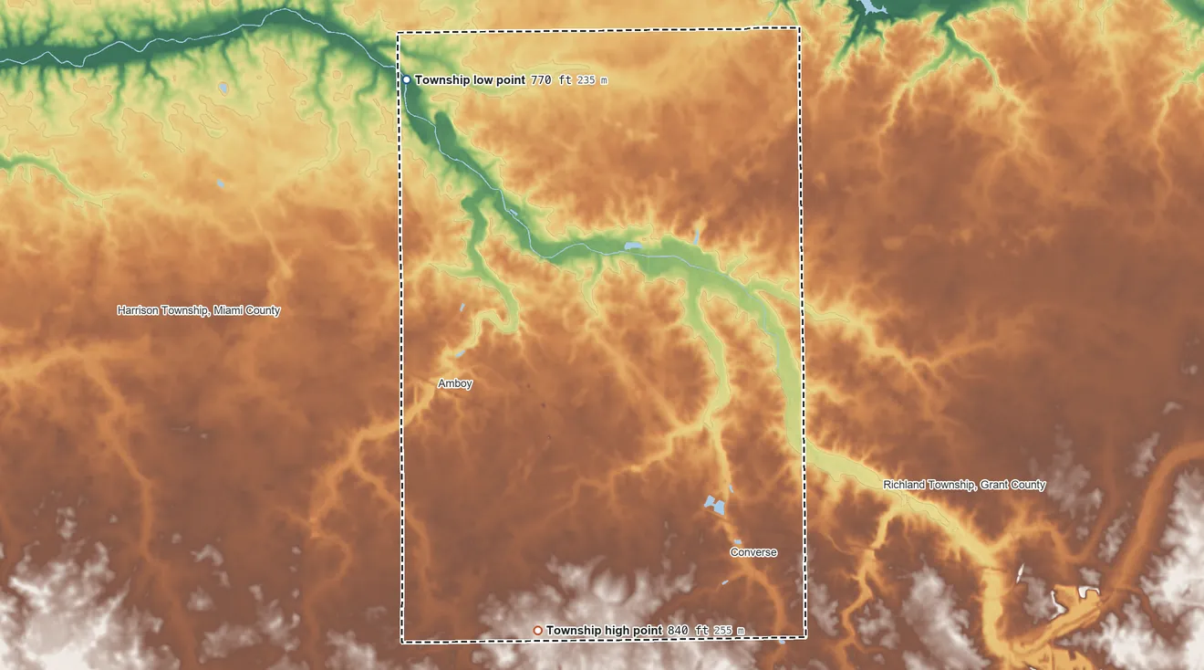 Topographic elevation map of Jackson Township, Miami County, Indiana, shaded from 770 ft on the northwest side to 840 ft on the southwest side