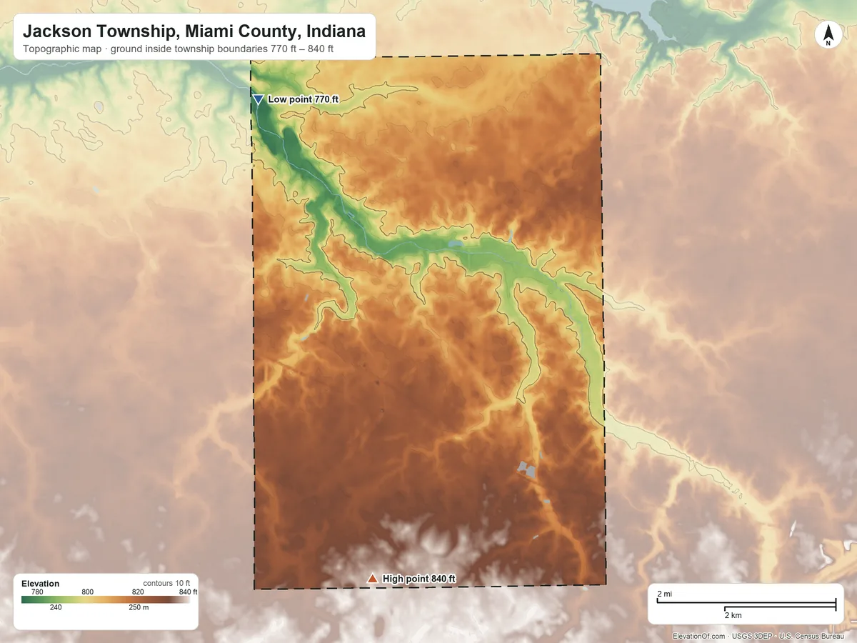 Topographic elevation map of Jackson Township, Miami County, Indiana, shaded from 770 ft on the northwest side to 840 ft on the southwest side