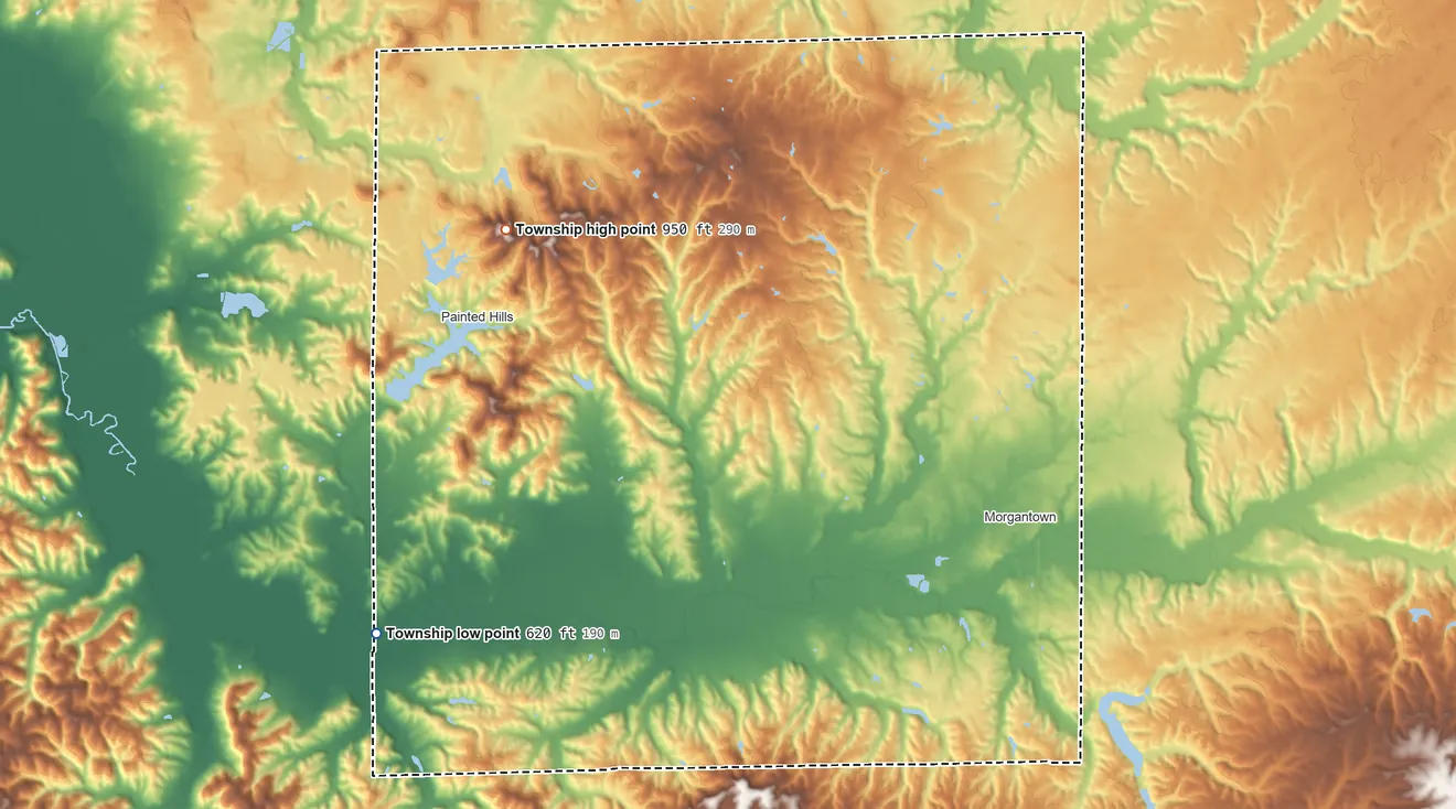 Topographic elevation map of Jackson Township, Morgan County, Indiana, shaded from 620 ft on the southwest side to 950 ft on Mount Nebo