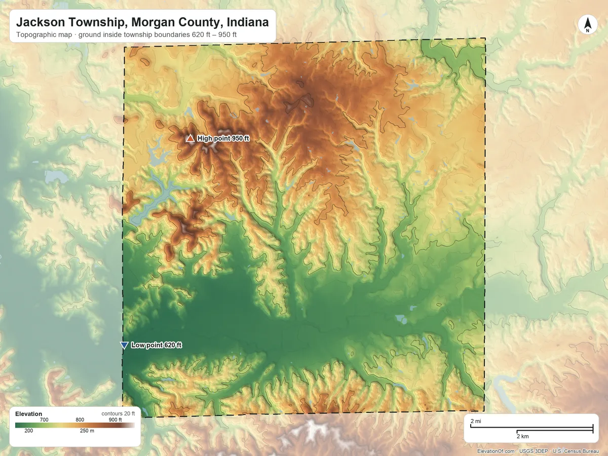 Topographic elevation map of Jackson Township, Morgan County, Indiana, shaded from 620 ft on the southwest side to 950 ft on Mount Nebo