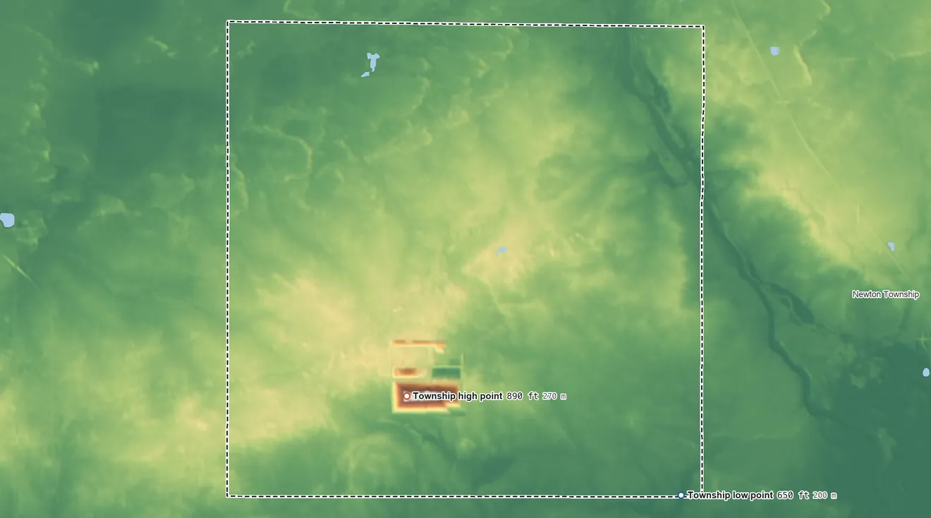 Topographic elevation map of Jackson Township, Newton County, Indiana, shaded from 650 ft on the southeast side to 890 ft on the southwest side