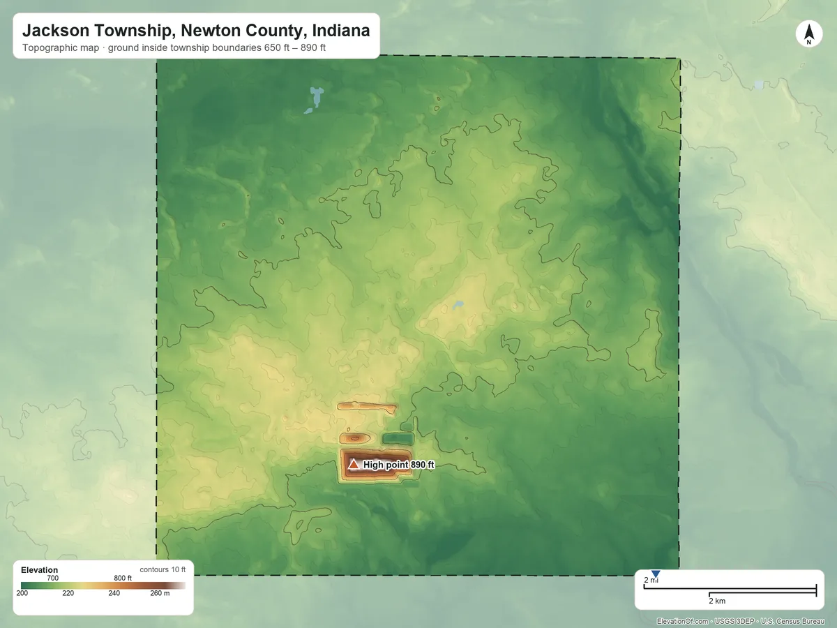 Topographic elevation map of Jackson Township, Newton County, Indiana, shaded from 650 ft on the southeast side to 890 ft on the southwest side