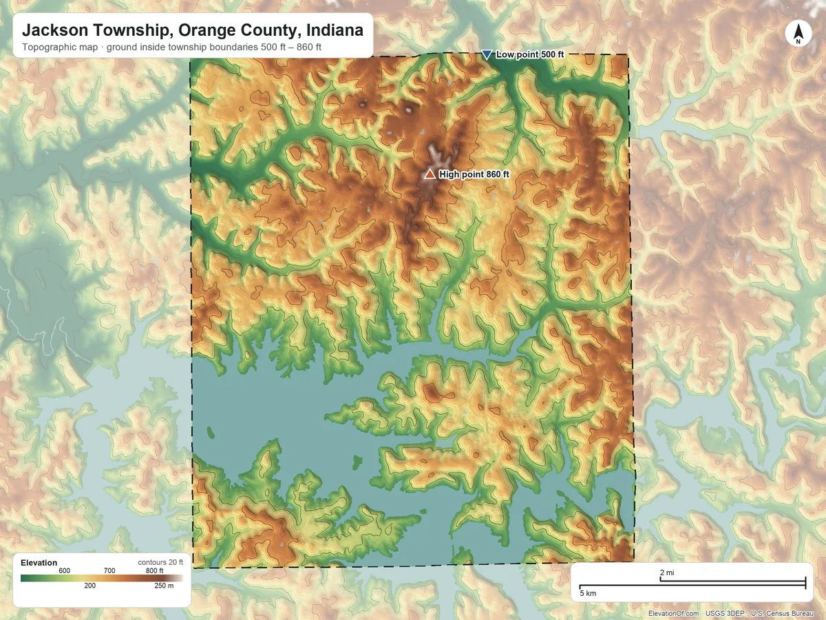 Topographic elevation map of Jackson Township, Orange County, Indiana, shaded from 500 ft on the north side to 860 ft on the northwest side