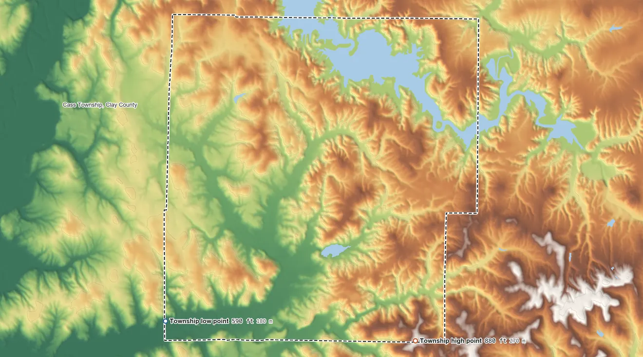 Topographic elevation map of Jackson Township, Owen County, Indiana, shaded from 590 ft on the southwest side to 880 ft on the south side