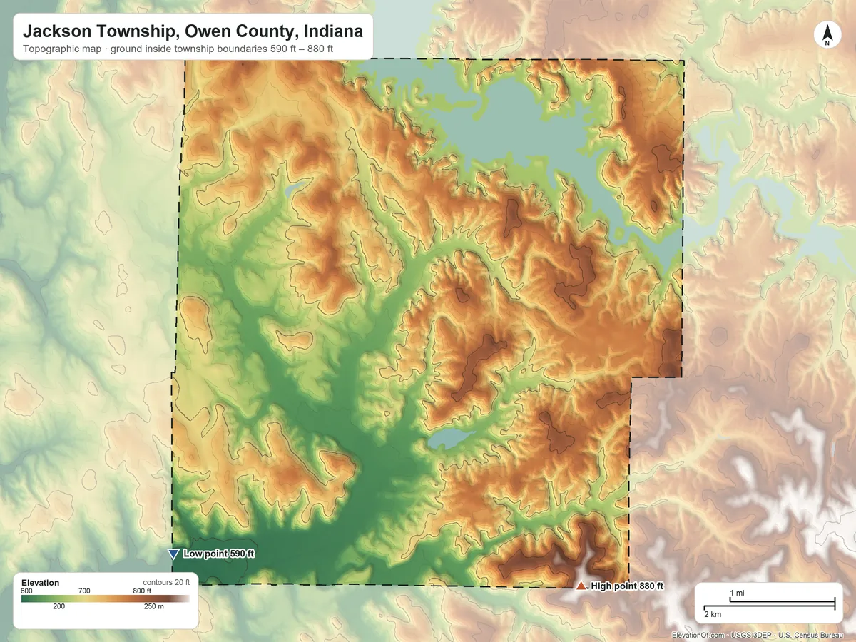 Topographic elevation map of Jackson Township, Owen County, Indiana, shaded from 590 ft on the southwest side to 880 ft on the south side