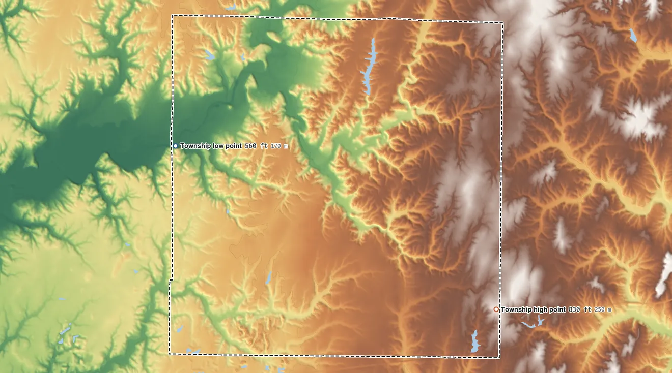 Topographic elevation map of Jackson Township, Parke County, Indiana, shaded from 560 ft on the west side to 830 ft on the southeast side