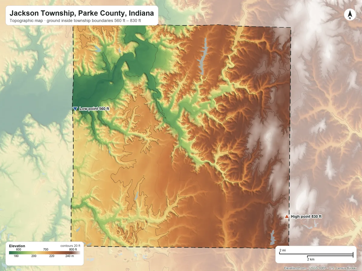 Topographic elevation map of Jackson Township, Parke County, Indiana, shaded from 560 ft on the west side to 830 ft on the southeast side