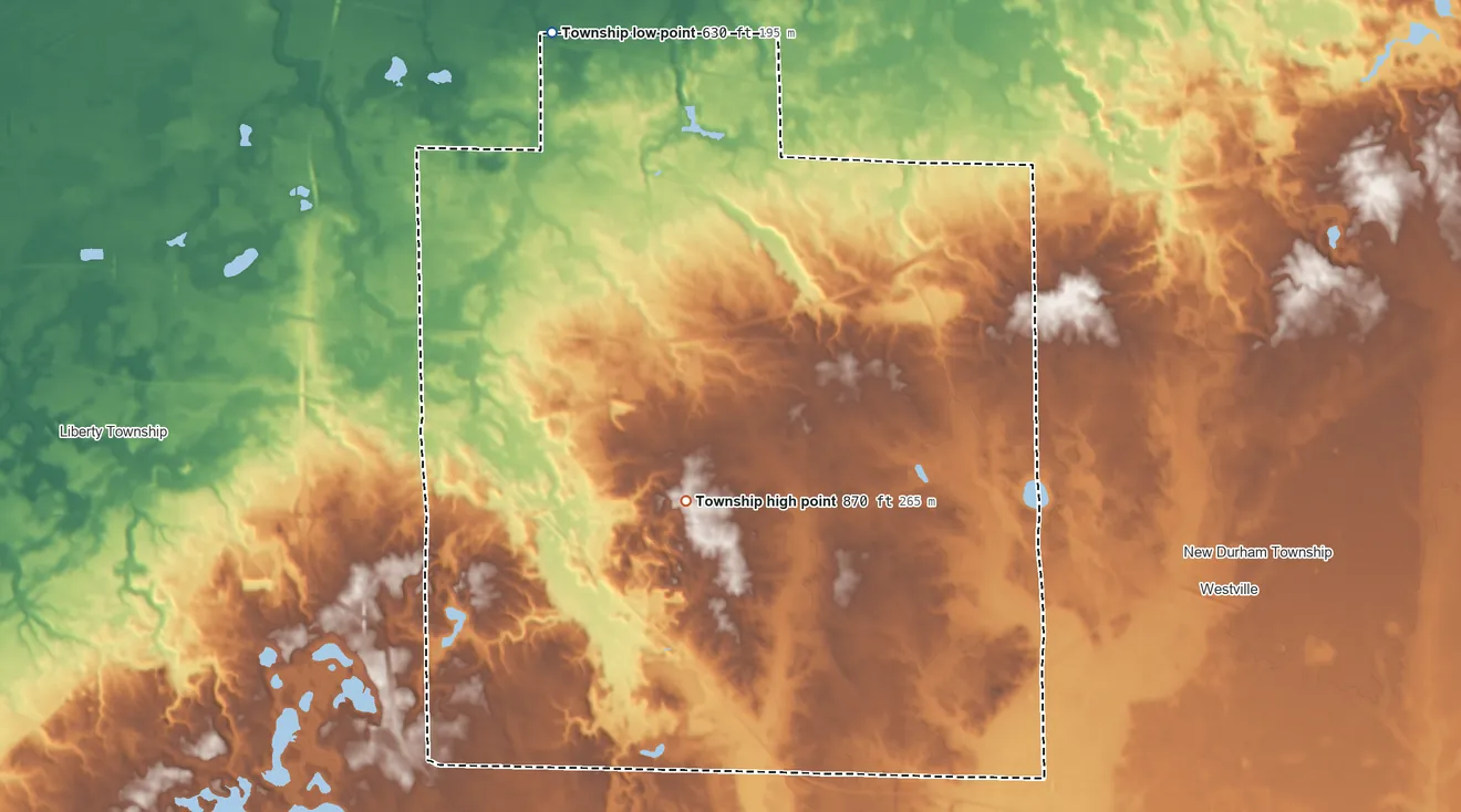 Topographic elevation map of Jackson Township, Porter County, Indiana, shaded from 630 ft on the northwest side to 870 ft on the south side