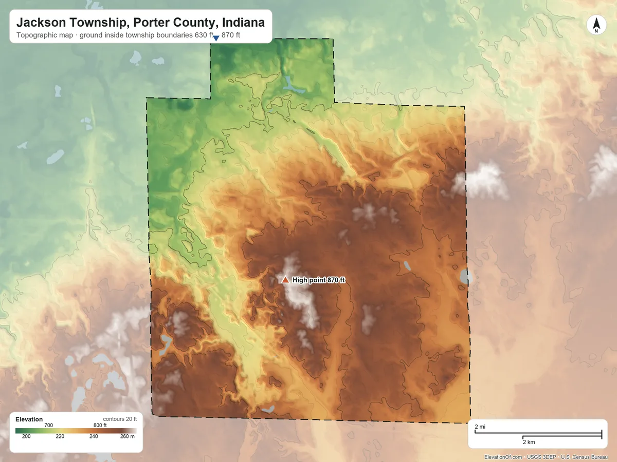 Topographic elevation map of Jackson Township, Porter County, Indiana, shaded from 630 ft on the northwest side to 870 ft on the south side