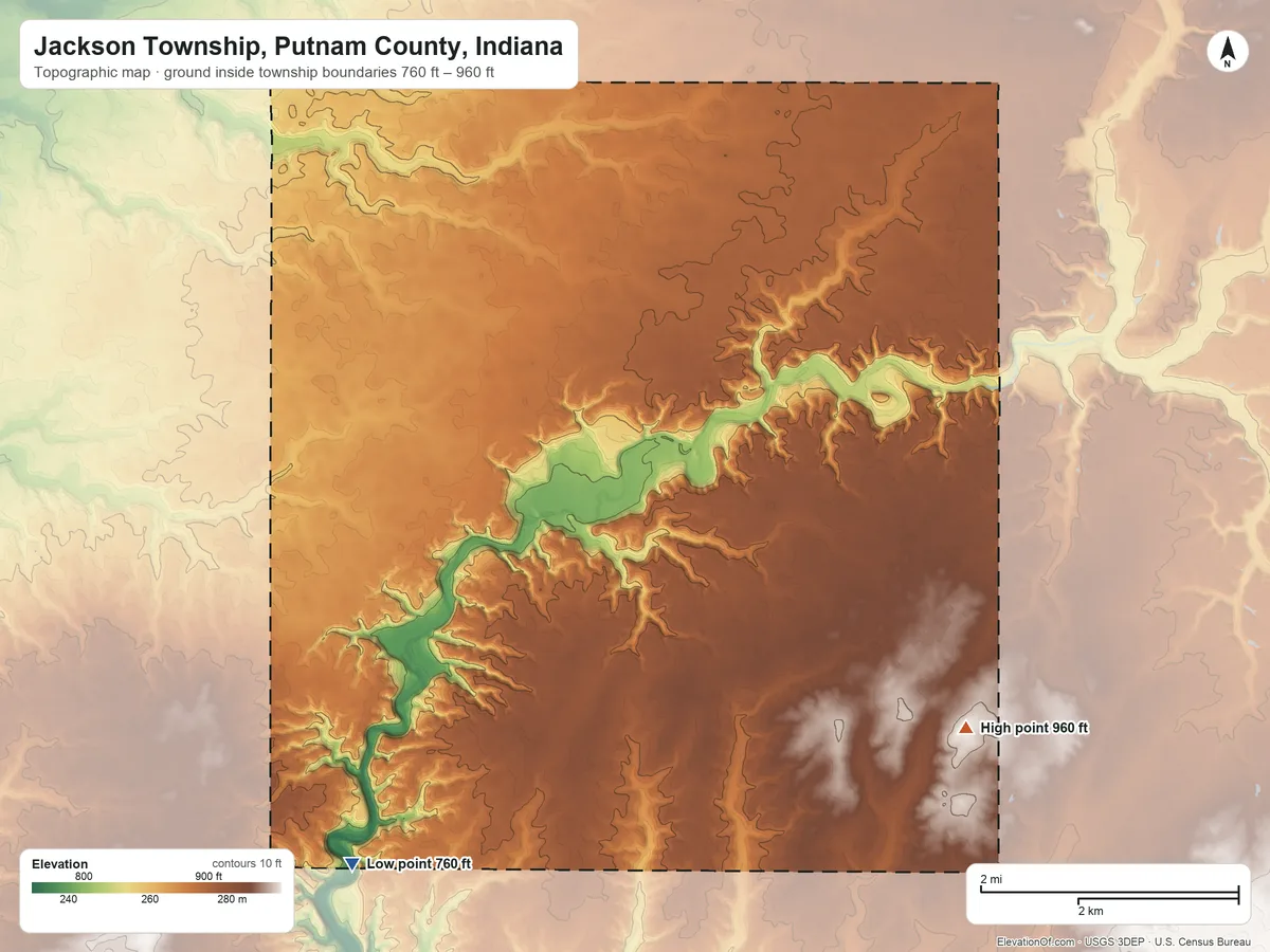 Topographic elevation map of Jackson Township, Putnam County, Indiana, shaded from 760 ft on the southwest side to 960 ft on the southeast side