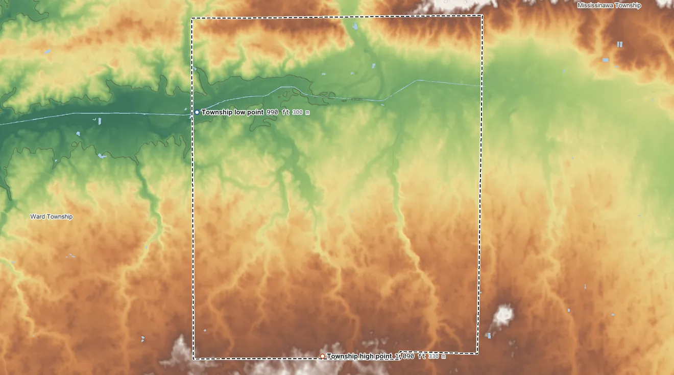 Topographic elevation map of Jackson Township, Randolph County, Indiana, shaded from 990 ft on the northwest side to 1,090 ft on the south side
