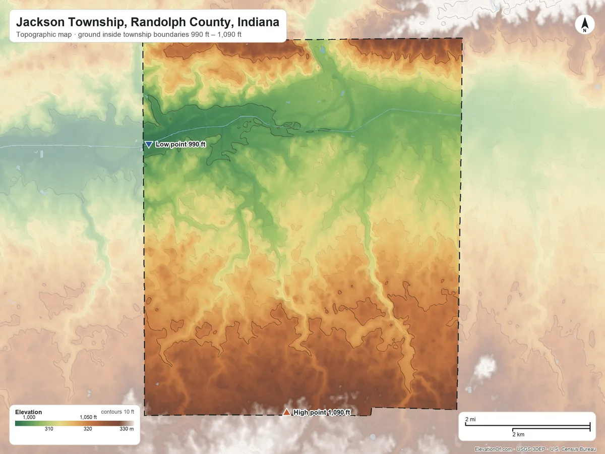 Topographic elevation map of Jackson Township, Randolph County, Indiana, shaded from 990 ft on the northwest side to 1,090 ft on the south side