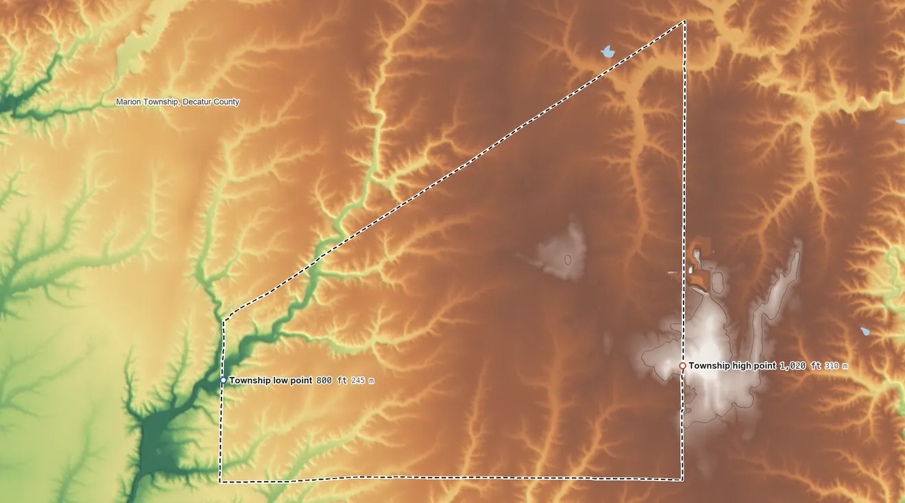 Topographic elevation map of Jackson Township, Ripley County, Indiana, shaded from 800 ft on the west side to 1,020 ft on the east side