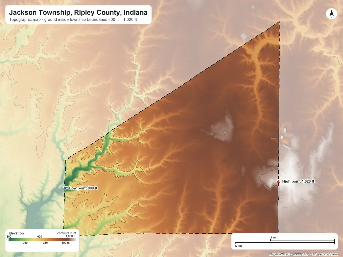 Topographic elevation map of Jackson Township, Ripley County, Indiana, shaded from 800 ft on the west side to 1,020 ft on the east side