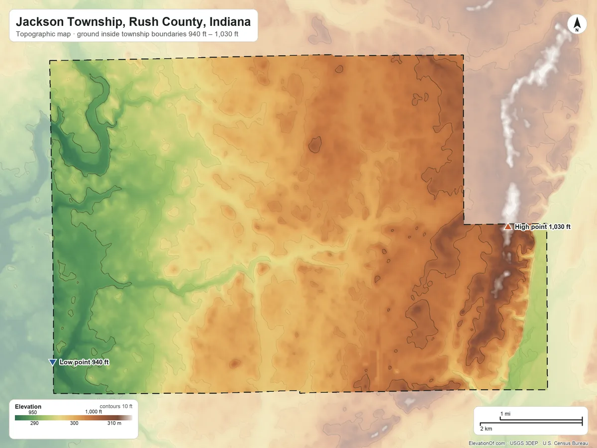 Topographic elevation map of Jackson Township, Rush County, Indiana, shaded from 940 ft on the southwest side to 1,030 ft on the east side