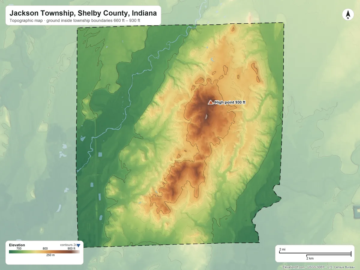 Topographic elevation map of Jackson Township, Shelby County, Indiana, shaded from 660 ft on the southwest side to 930 ft on the northeast side