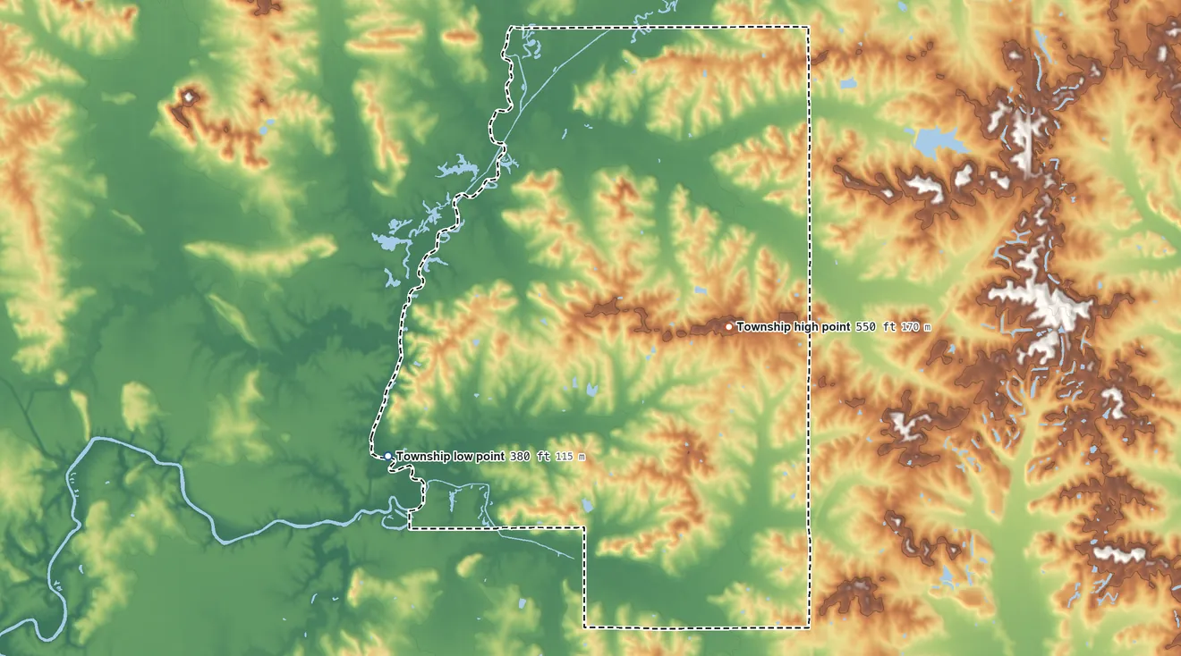 Topographic elevation map of Jackson Township, Spencer County, Indiana, shaded from 380 ft on the southwest side to 550 ft on the southeast side