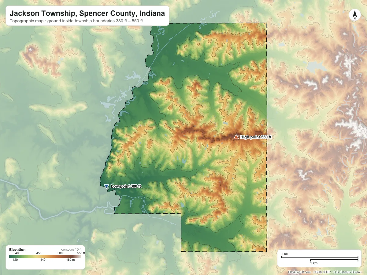 Topographic elevation map of Jackson Township, Spencer County, Indiana, shaded from 380 ft on the southwest side to 550 ft on the southeast side
