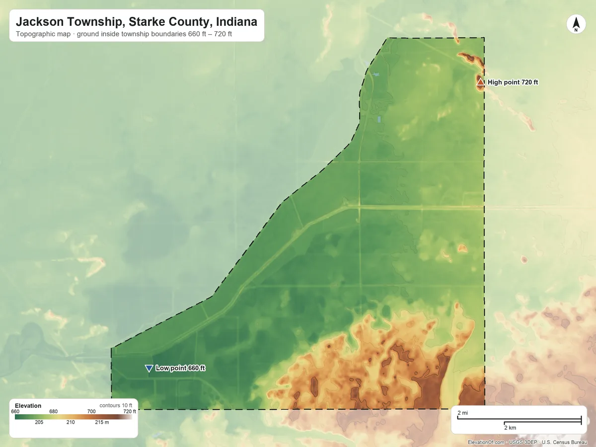 Topographic elevation map of Jackson Township, Starke County, Indiana, shaded from 660 ft on the west side to 720 ft on the north side