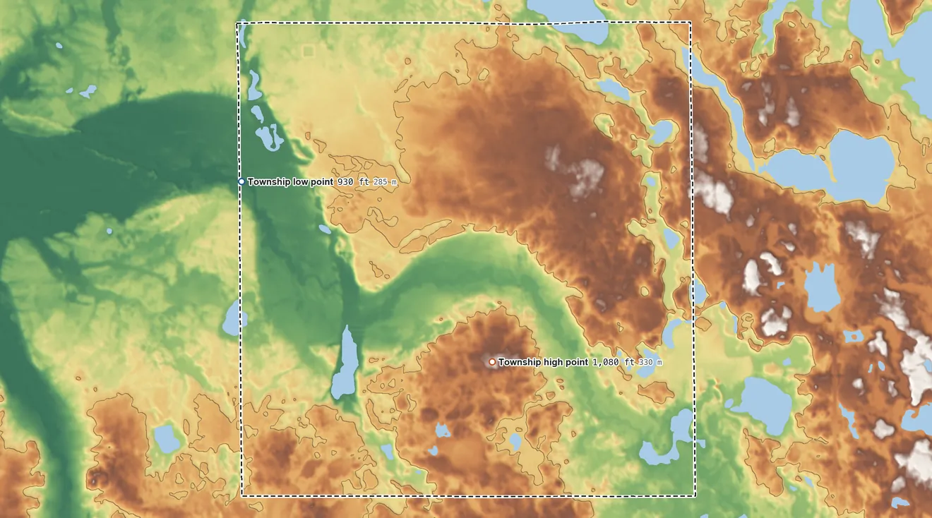 Topographic elevation map of Jackson Township, Steuben County, Indiana, shaded from 930 ft on the northwest side to 1,080 ft on the southeast side