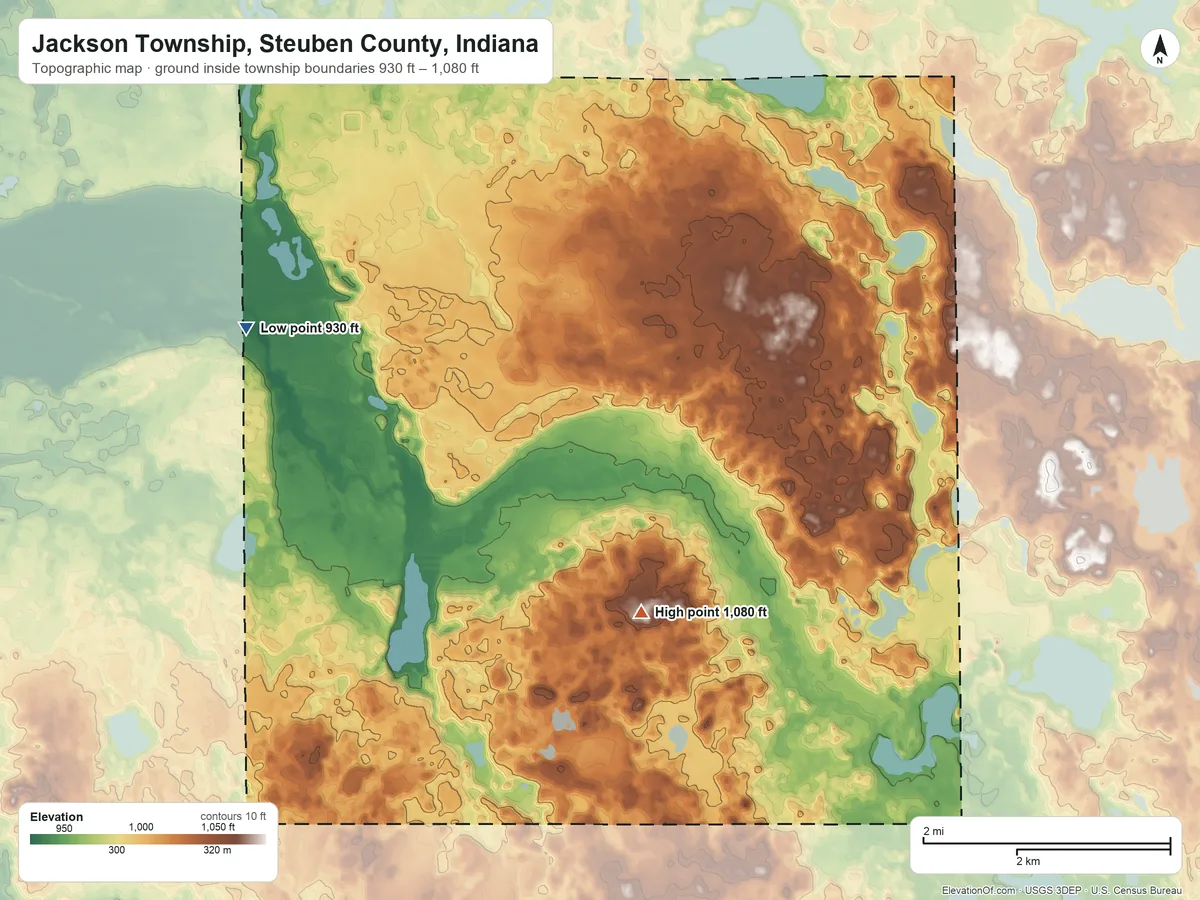 Topographic elevation map of Jackson Township, Steuben County, Indiana, shaded from 930 ft on the northwest side to 1,080 ft on the southeast side