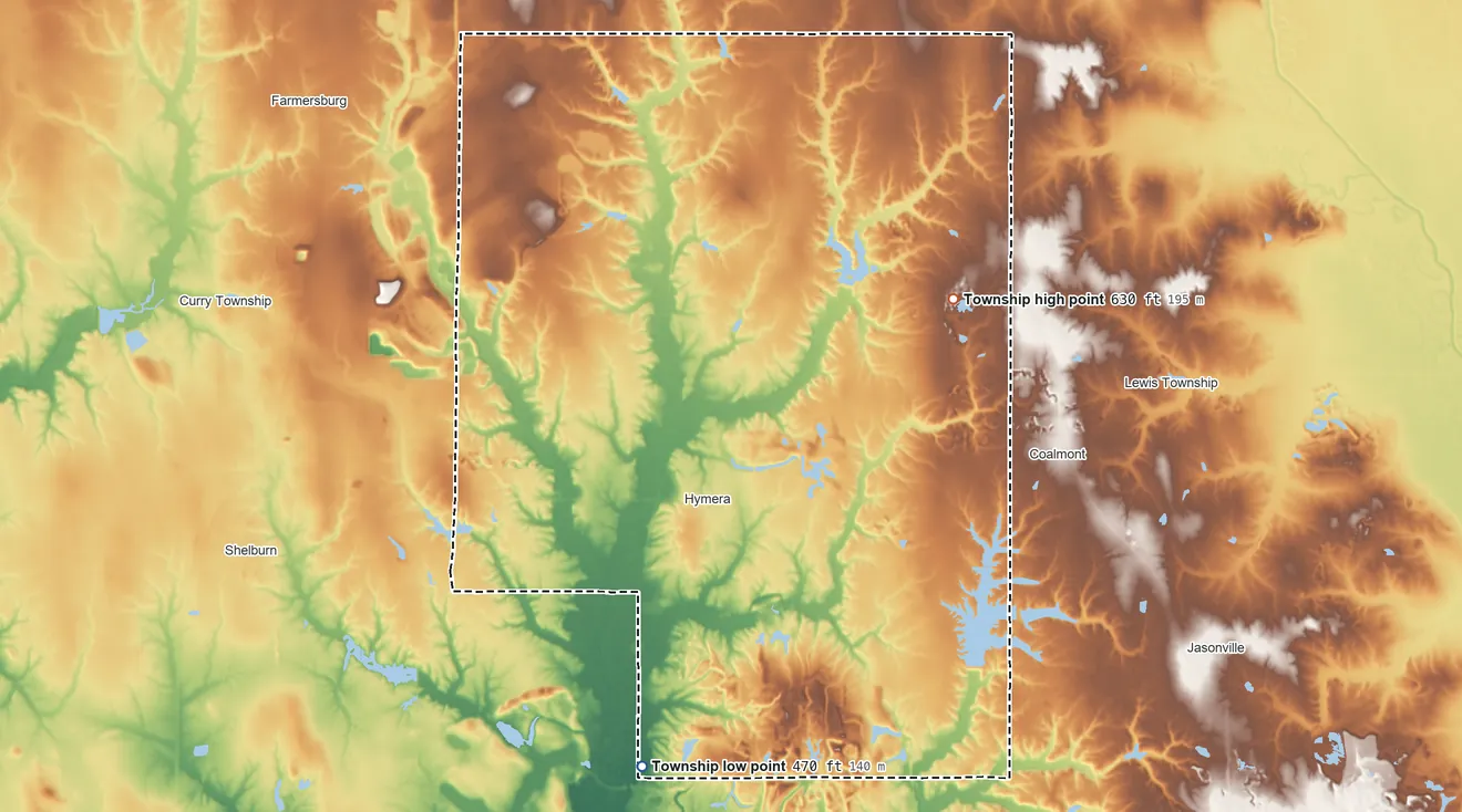 Topographic elevation map of Jackson Township, Sullivan County, Indiana, shaded from 470 ft on the south side to 630 ft on the northeast side