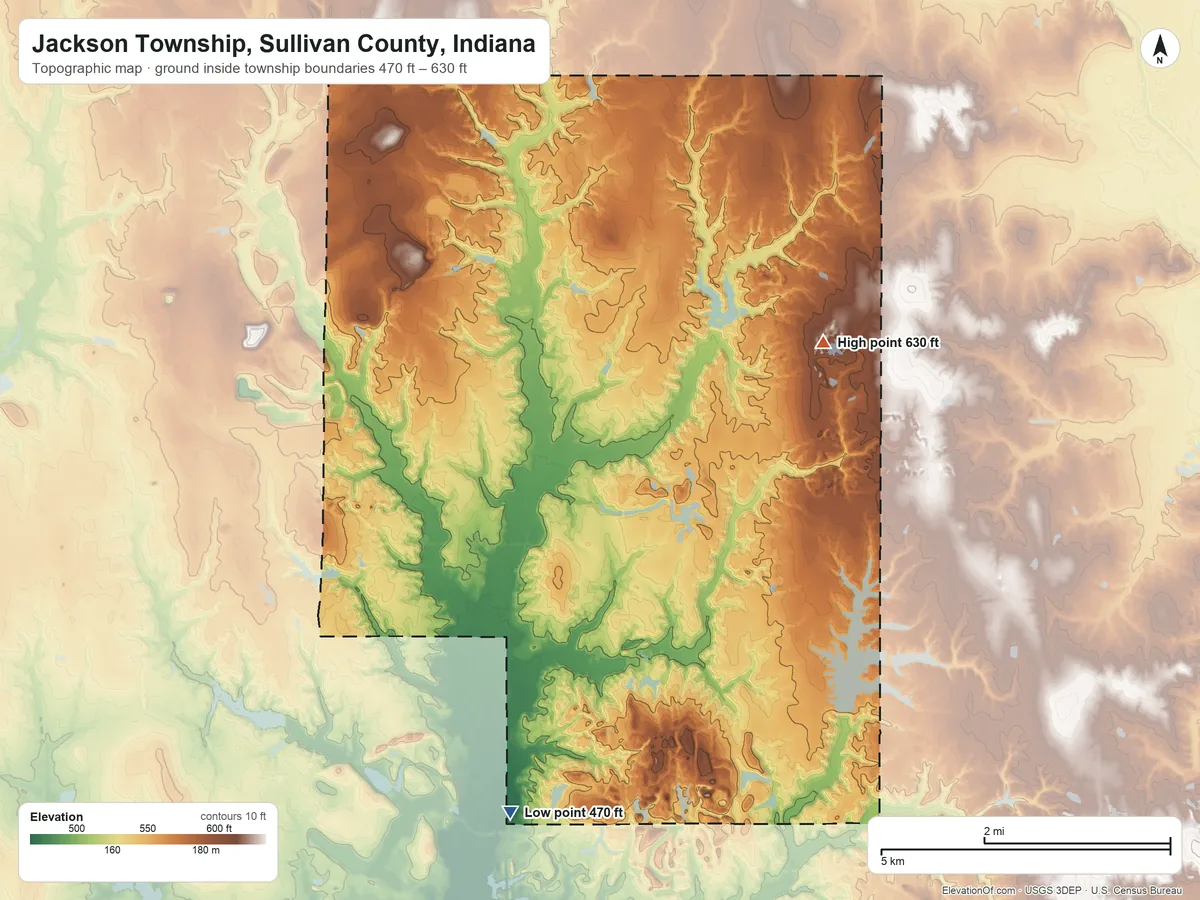 Topographic elevation map of Jackson Township, Sullivan County, Indiana, shaded from 470 ft on the south side to 630 ft on the northeast side