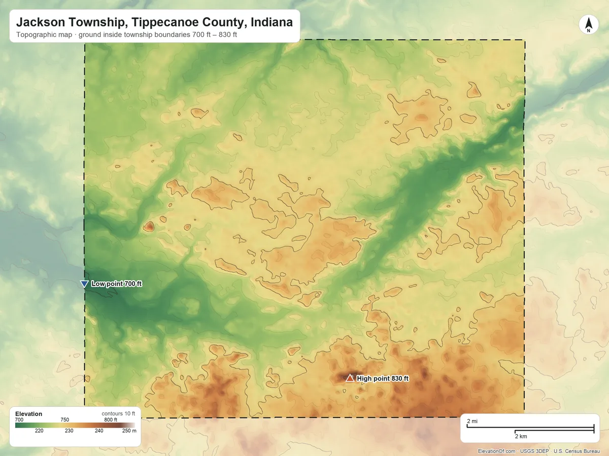 Topographic elevation map of Jackson Township, Tippecanoe County, Indiana, shaded from 700 ft on the southwest side to 830 ft on the south side