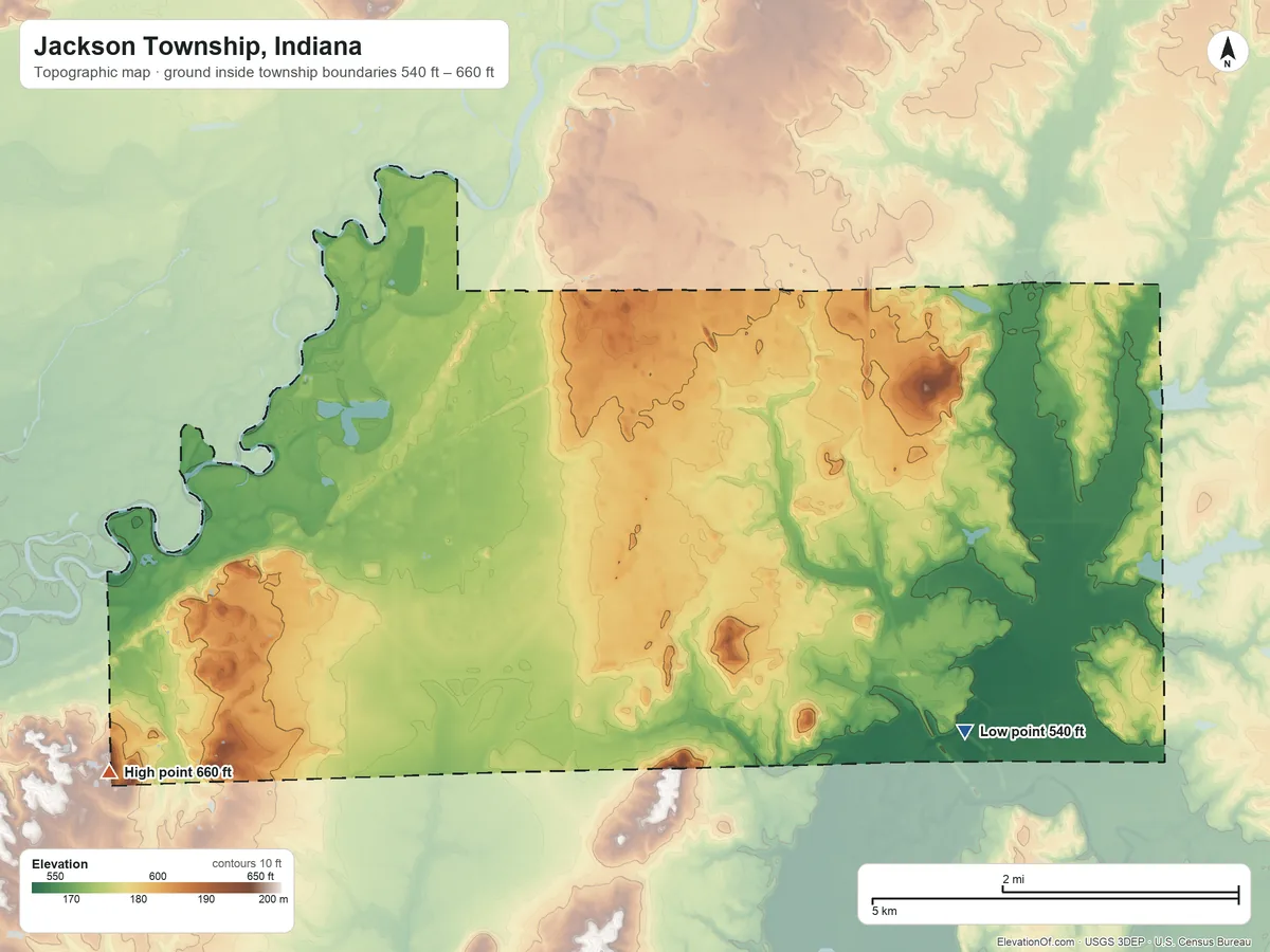 Topographic elevation map of Jackson Township, Indiana, shaded from 540 ft on the southeast side to 660 ft on the southwest side