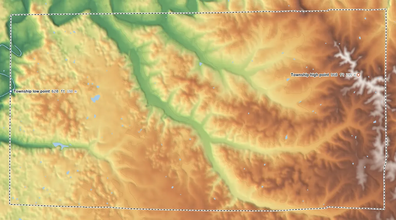 Topographic elevation map of Jackson Township, Washington County, Indiana, shaded from 620 ft on the west side to 960 ft on the east side