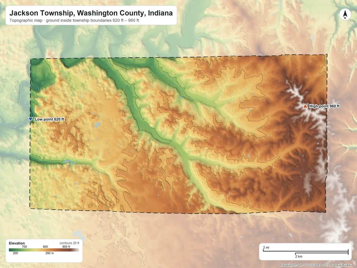 Topographic elevation map of Jackson Township, Washington County, Indiana, shaded from 620 ft on the west side to 960 ft on the east side