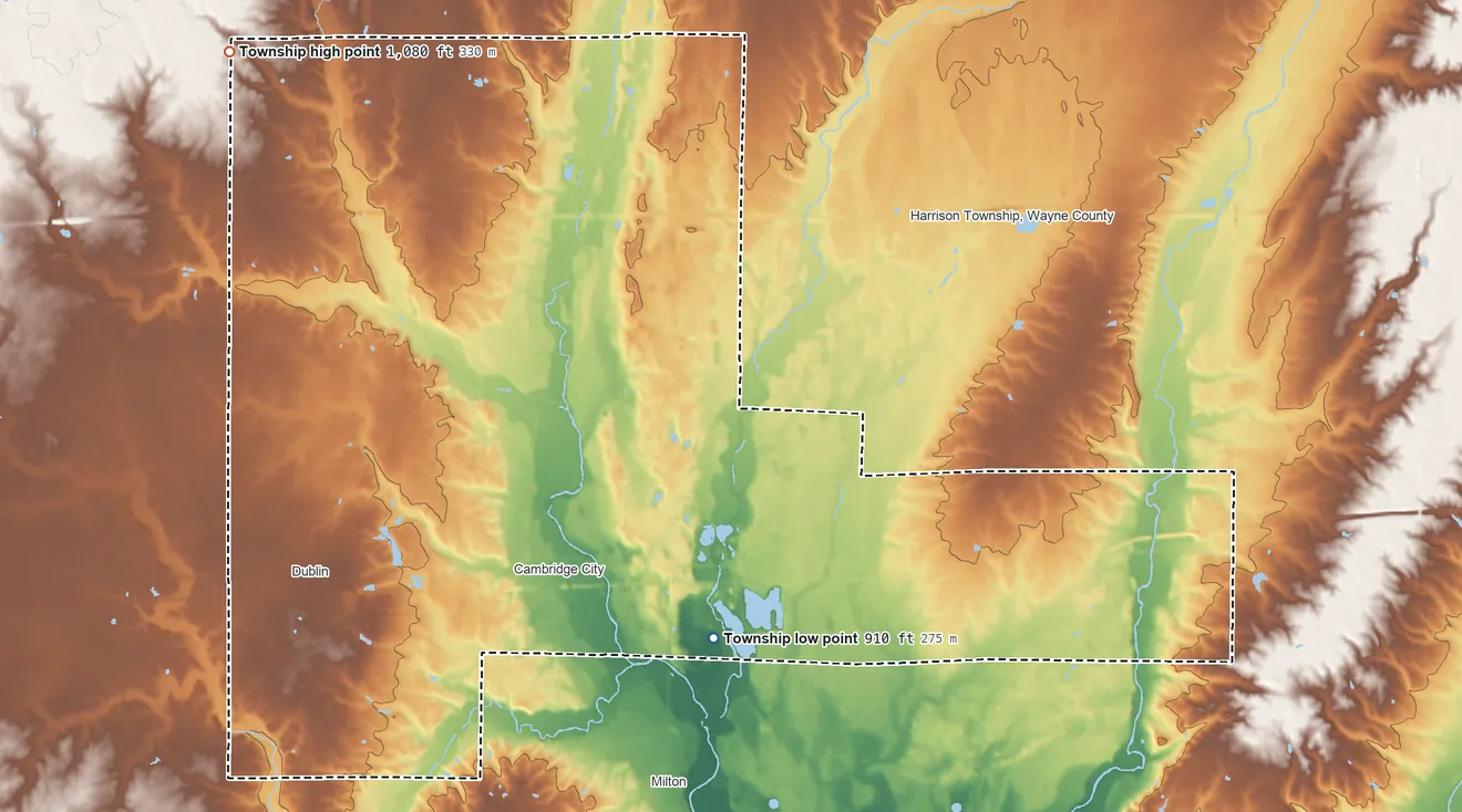 Topographic elevation map of Jackson Township, Wayne County, Indiana, shaded from 910 ft on the southeast side to 1,080 ft on the northwest side
