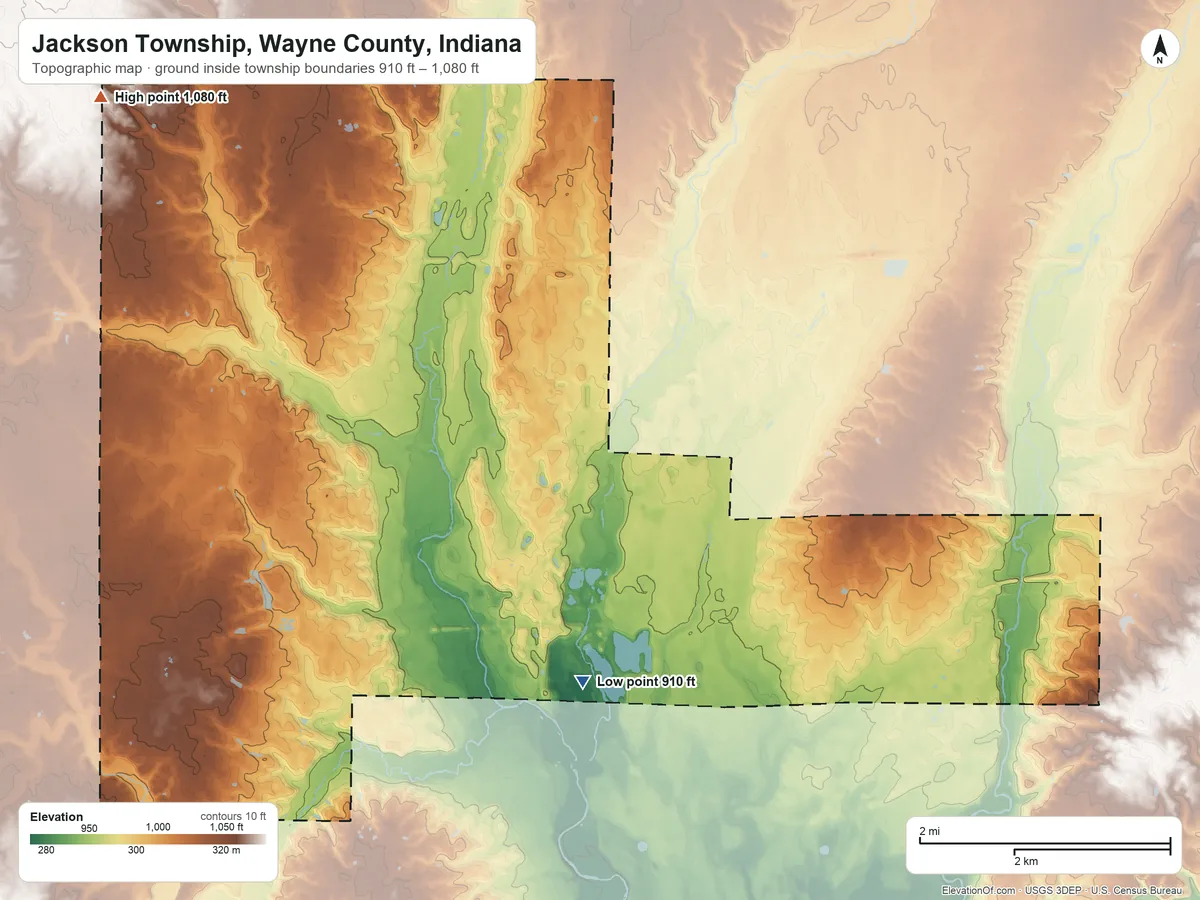 Topographic elevation map of Jackson Township, Wayne County, Indiana, shaded from 910 ft on the southeast side to 1,080 ft on the northwest side