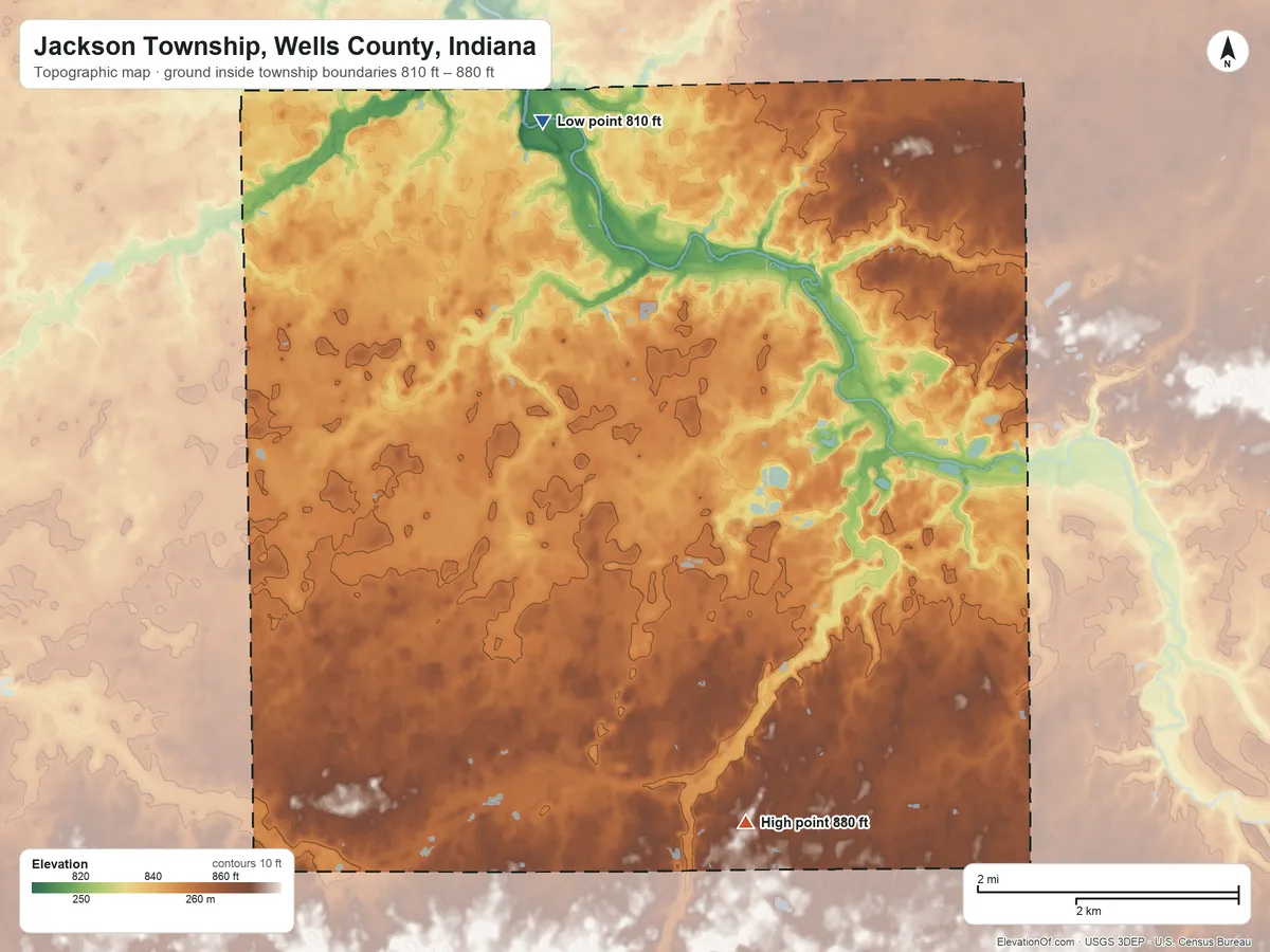 Topographic elevation map of Jackson Township, Wells County, Indiana, shaded from 810 ft on the northwest side to 880 ft on the south side